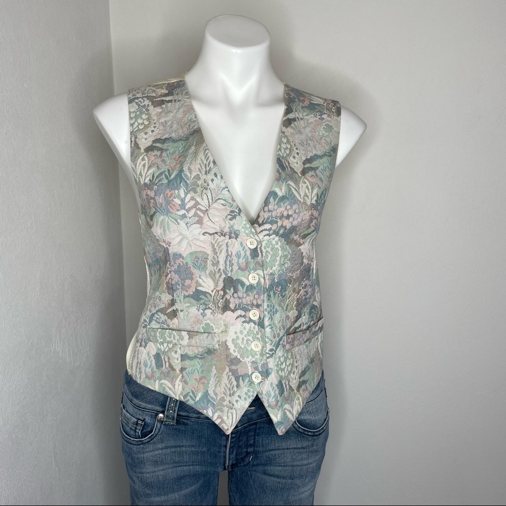 Vintage Tapestry Tailored Suit Vest Pastel Floral Granny Chic